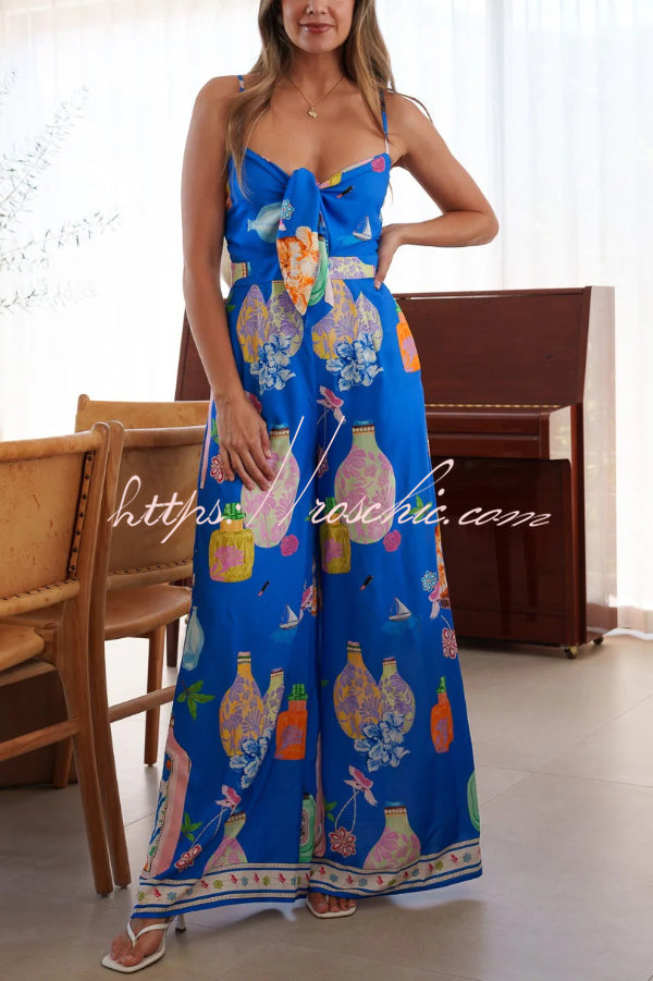 Unique Printed Sleeveless Spaghetti Strap Casual Vacation Loose Wide-Leg Jumpsuit