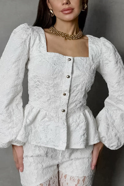 Solid Color Jacquard Square Neck Puff Sleeve Elegant Button Top