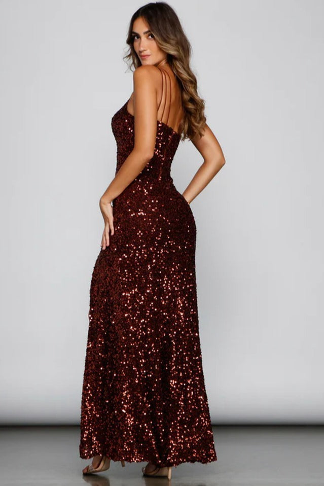 Vestido de noche formal con lentejuelas, abertura y un solo tirante