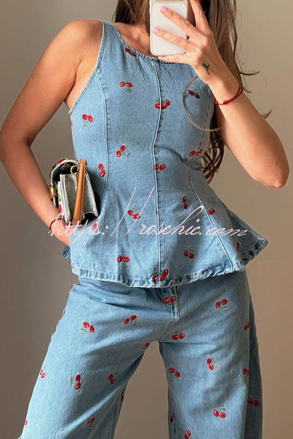 Sweet Casual Denim Cherry Print Princess Seams Flare Vest Top