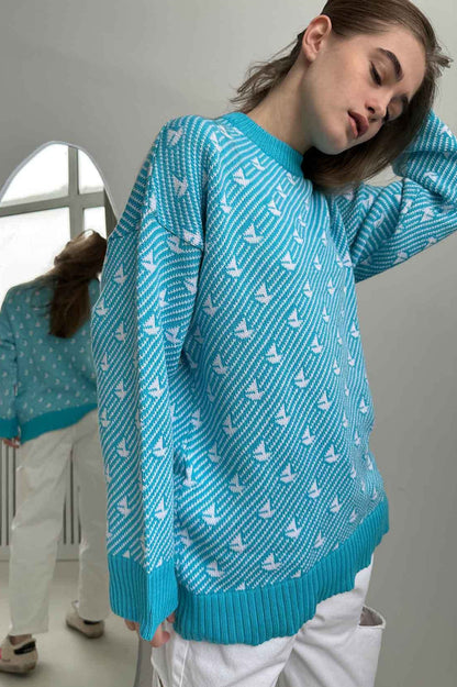 Sailboat Pattern Crew Neck Knit Sweater