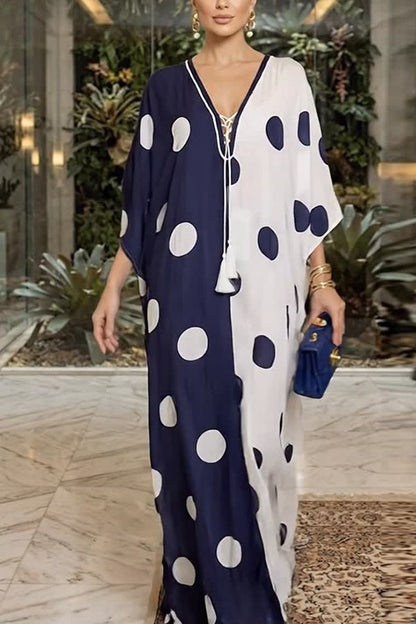 Lucia Chiffon Contrast Color Polka Dot Print Tie-up Neck Kaftan Vacation Maxi Dress