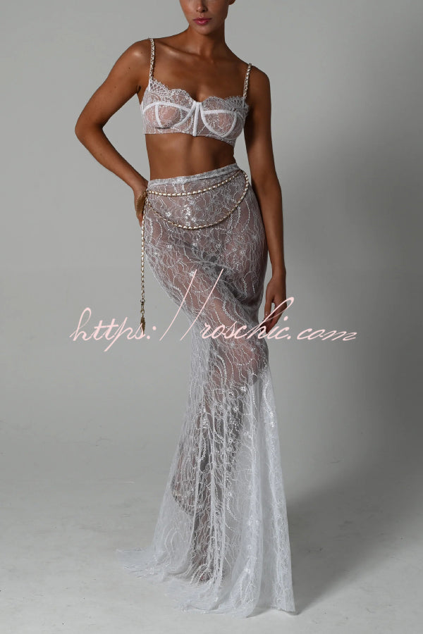 Stylish Lace Camisole Bra Top and Vacation See-through Maxi Fishtail Skirt Set