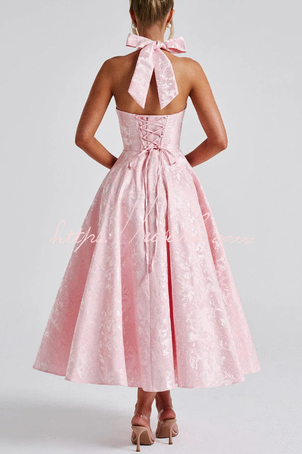 Stylish Jacquard Halter Neck Fitted Waist Open Back Elegant Midi Dress