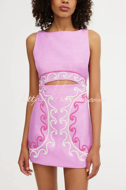 Embroidered Sleeveless Round Neck Hollowed-out Slim-fit Mini Dress