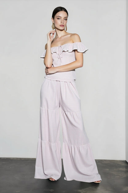 Ruffle Off Shoulder Top Pants Vacation Set