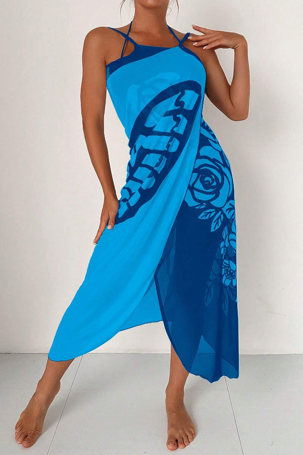 Fashionable Color-blocked Butterfly Print Resort Cover-up Midi Dress