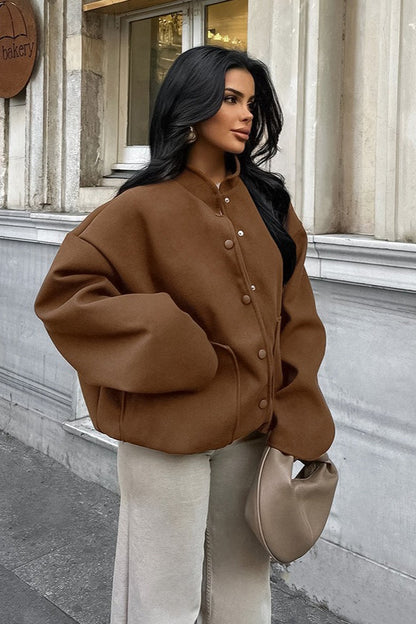 rown Woolen Stand Collar Jacket