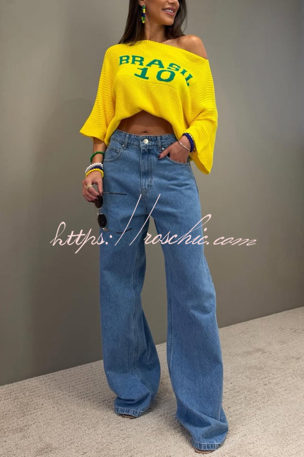 World Cup Letter Jacquard Loose-fitting Sloping Shoulders Cropped Knit Top
