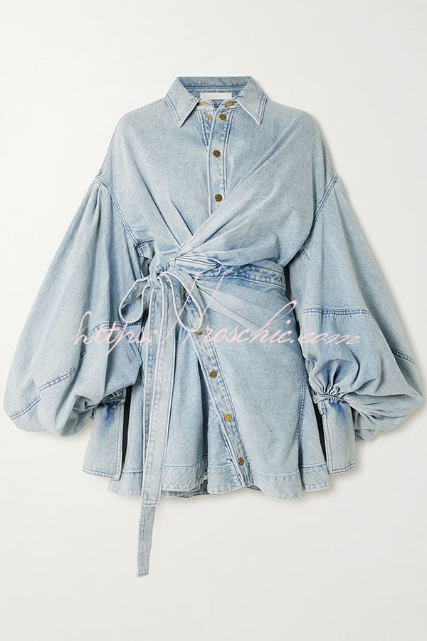 Yaron Denim Button Twisted Shape Wrap Long Balloon Sleeve Shirt Mini Dress