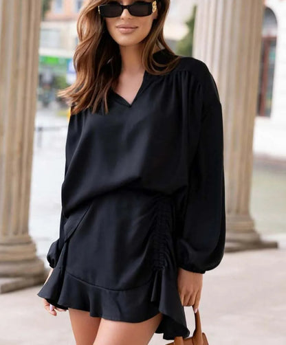 Black V-Neck Ruffled Mini Office Two Piece Set