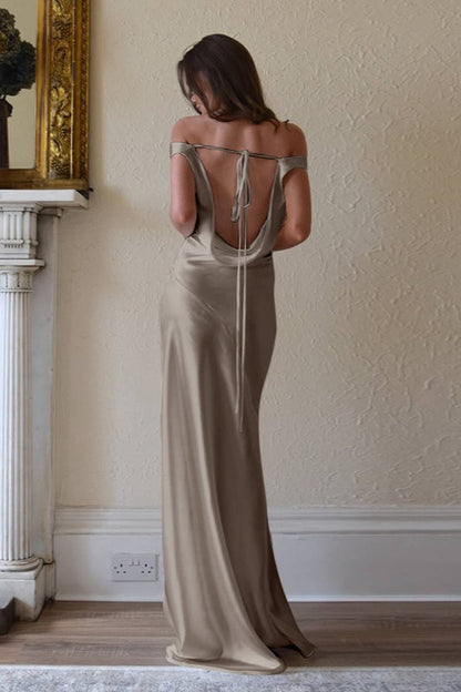Off Shoulder Back Lace Satin Formal Dress