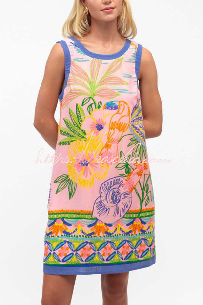 Summer Unique Print Loose Round Neck Sleeveless Casual Pocket Mini Dress