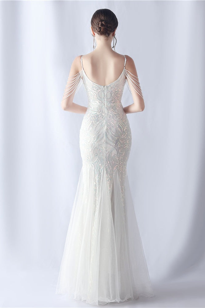 Vestido maxi de cóctel de malla con abalorios