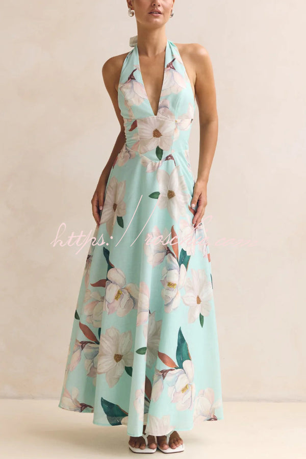 Floral Print V-neck Backless Tie-up Fitted Waist Elegant Maxi Dress
