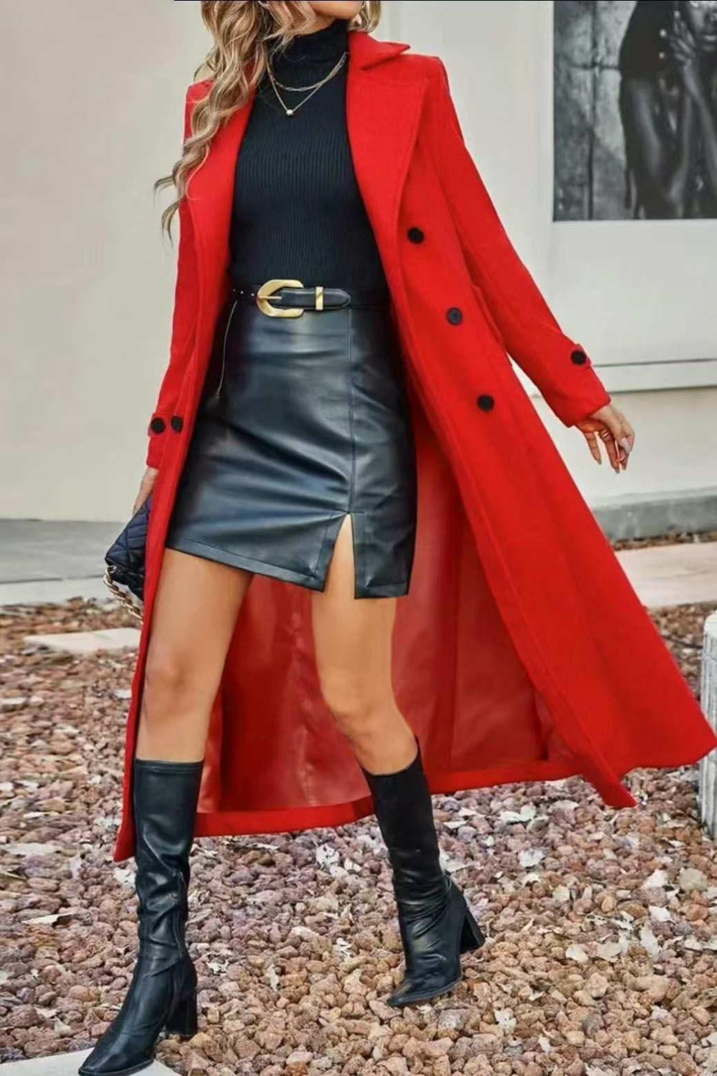 Abrigo Chic Cruzado con Solapas de Mezcla de Lana