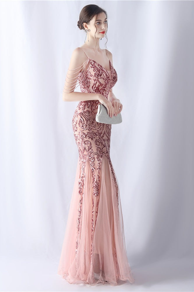 Vestido maxi de cóctel de malla con abalorios