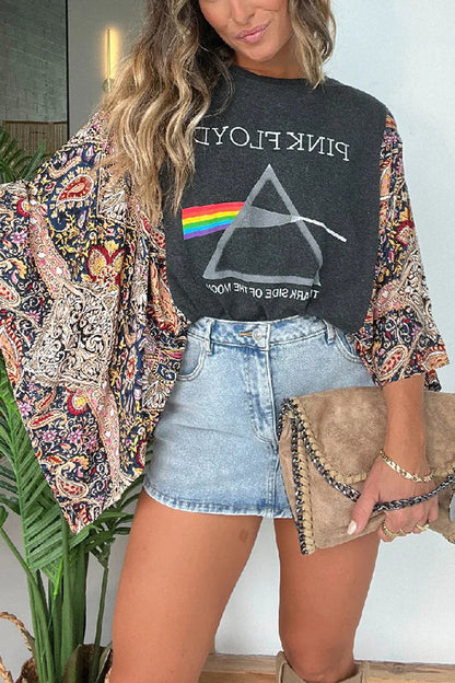 Unique Ethnic Print Batwing Sleeve Loose Top