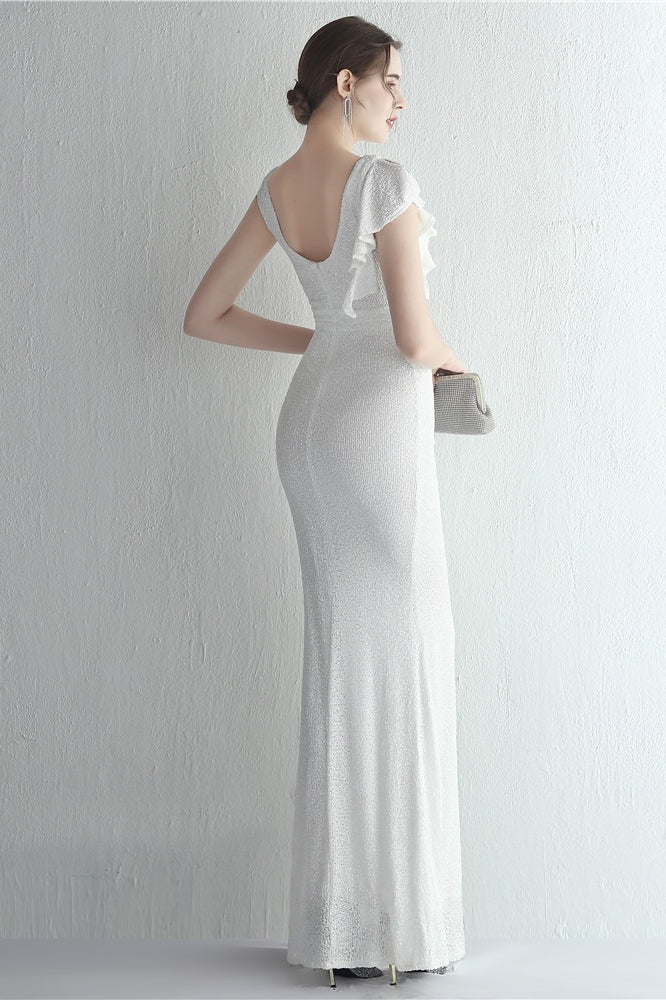 Vestido de gala de sirena con purpurina, cuello alto y abertura
