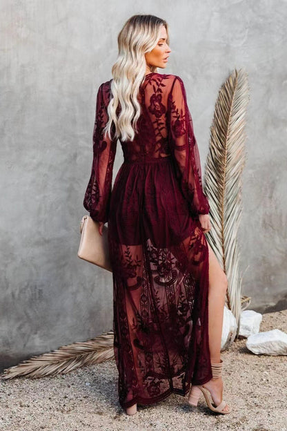 Lace Long Sleeve V Neck Solid Chiffon Boho Dress