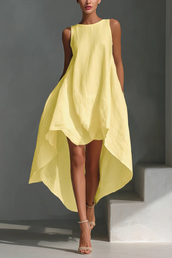 Linen Blend Solid Color Sleeveless Round Neck Irregular Casual Maxi Dress
