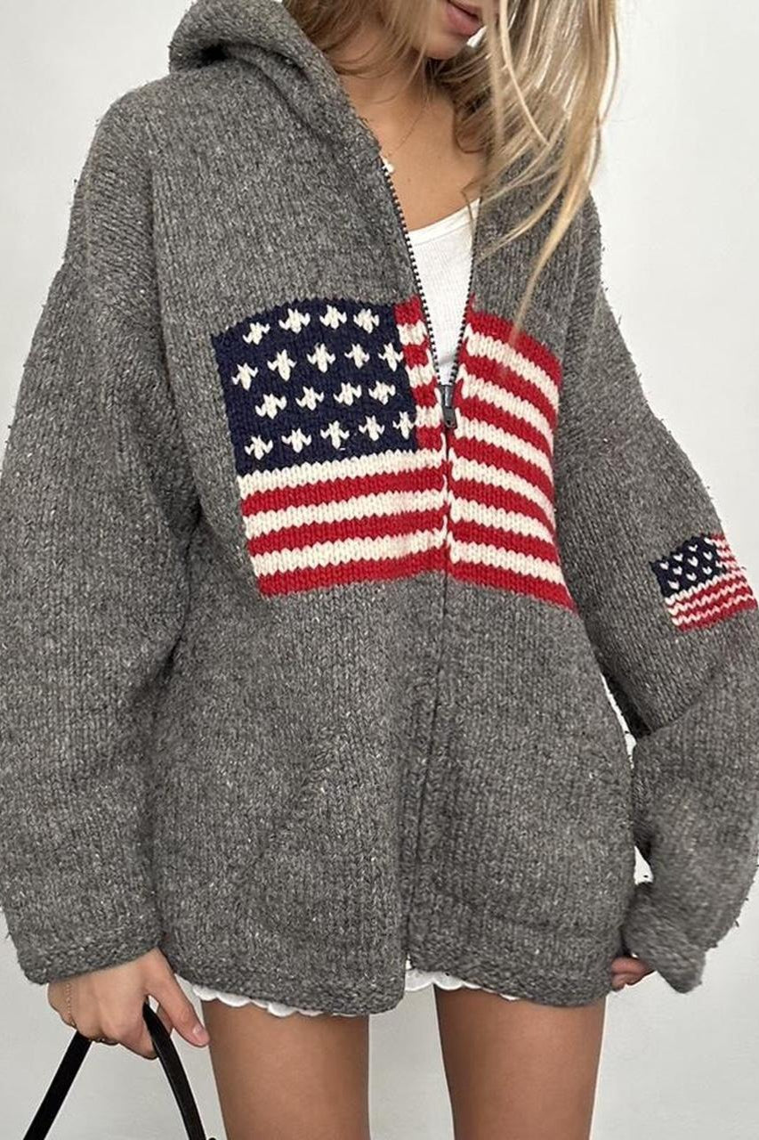 Sudadera con capucha y cremallera de punto con gráfico de bandera chic