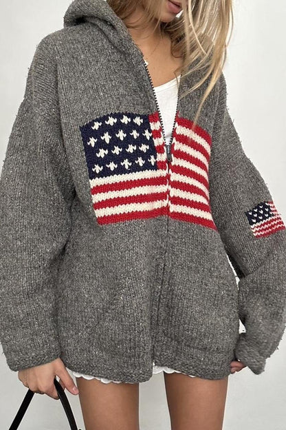 Sudadera con capucha y cremallera de punto con gráfico de bandera chic