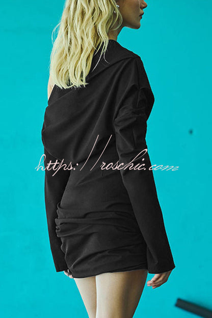 Solid Color Off-neck Long-sleeved Fitted Waist Casual Mini Dress
