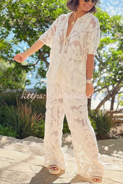 Lazy Vacation Knit Crochet Flowers Short Sleeve Shirt and Elastic Waist Loose Pants Set