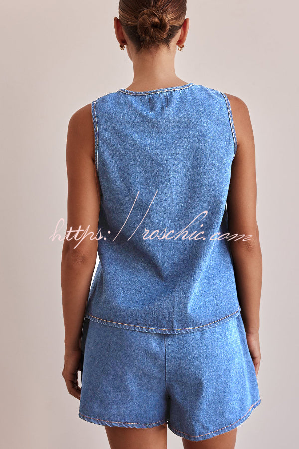 Stylish Sleeveless Round Neck Tie-up Casual Denim Vest