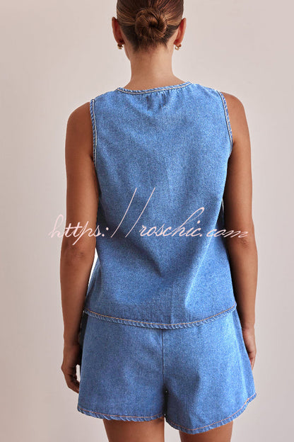Stylish Sleeveless Round Neck Tie-up Casual Denim Vest