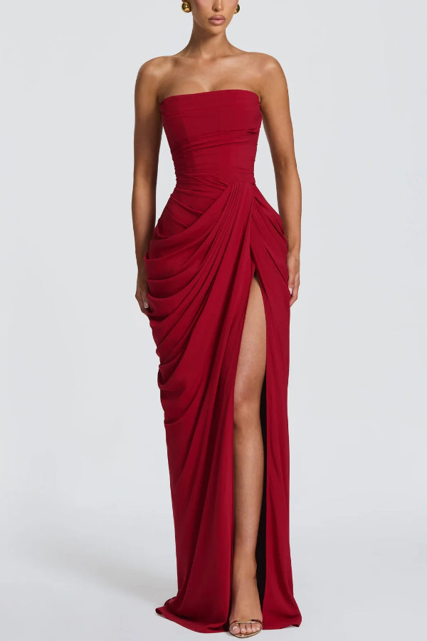 Cyra Back Lace-up Asymmetrical Pleats Strapless Slit Maxi Dress（Buy 2 Get Free Shipping）