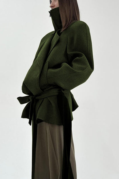 Solid Asymmetrical High Stand Collar Loose Tie Waist Coat