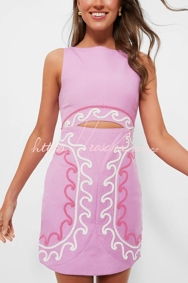 Embroidered Sleeveless Round Neck Hollowed-out Slim-fit Mini Dress