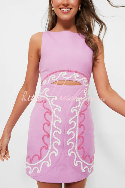 Embroidered Sleeveless Round Neck Hollowed-out Slim-fit Mini Dress