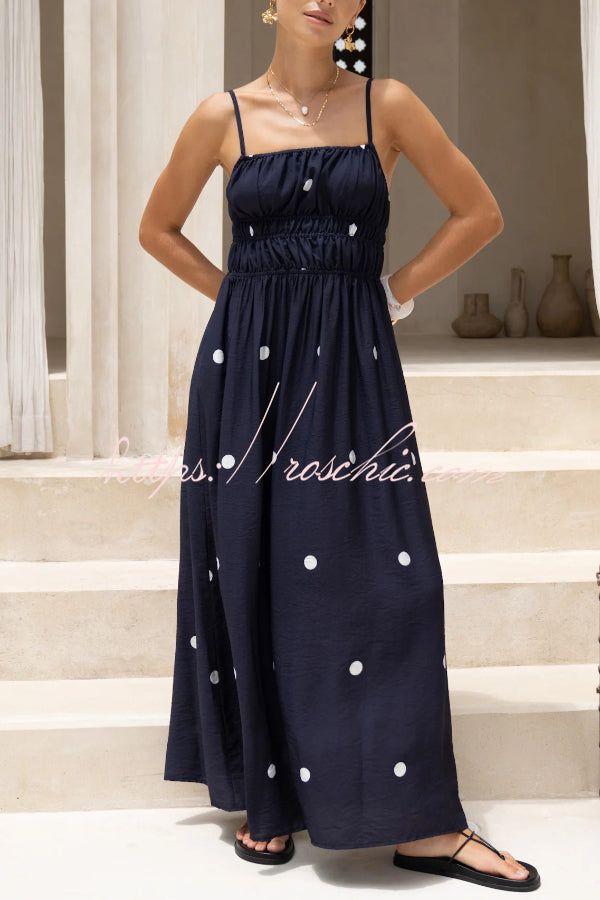 Polka Dot Print Spaghetti Strap Pleated Waist Casual Pocket Maxi Dress