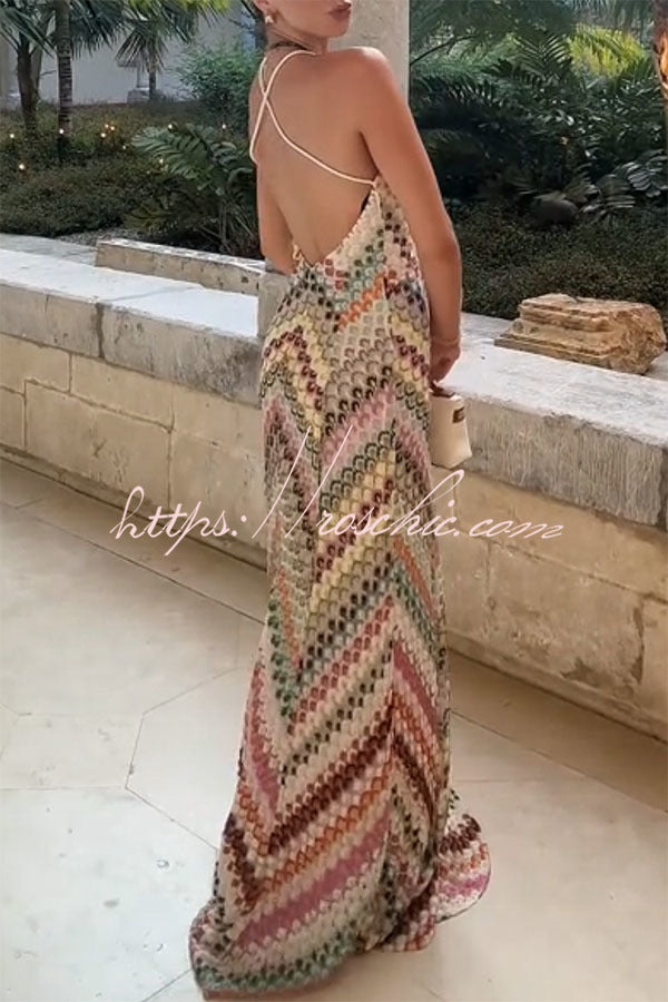 Missoni Summer Knit Colorful Herringbone Print Open Beck Maxi Dress