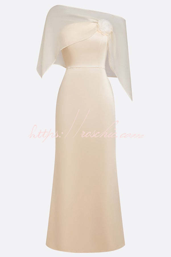 Lucero 3D Floral Satin Boat Neck Short Sleeve Sheath Capelet Gown Maxi Dress