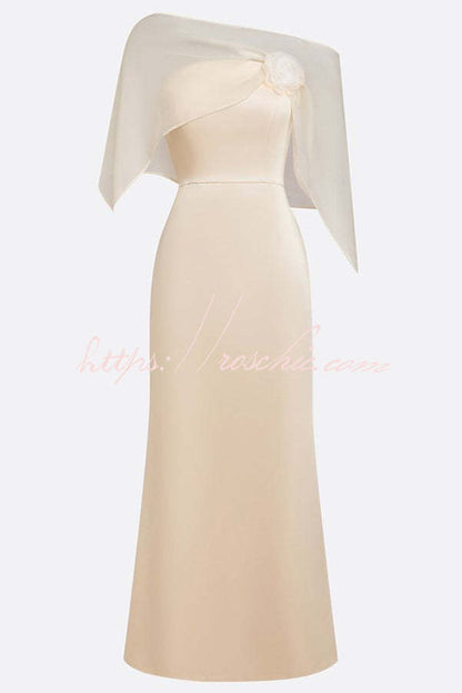 Lucero 3D Floral Satin Boat Neck Short Sleeve Sheath Capelet Gown Maxi Dress