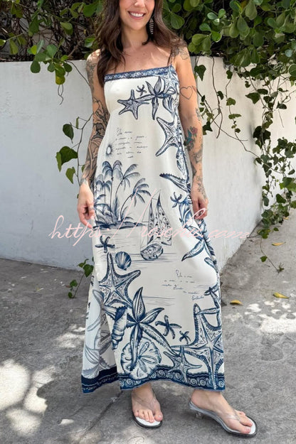 Starfish Print Sleeveless Square Neckline Back Tie-up Vacation Maxi Dress