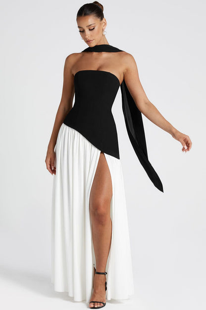 Vestido formal estilo bustier fluido con bloques de color y nudo
