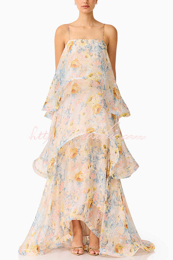 Armani Georgette Fabric Floral Print Tiered Slip Square Neck A-line Maxi Dress