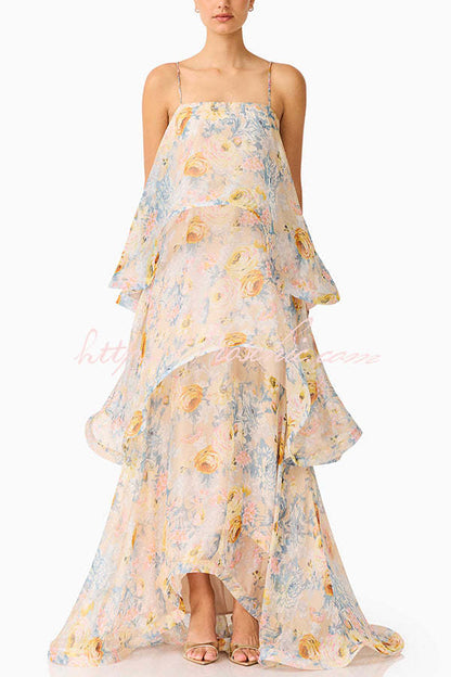Armani Georgette Fabric Floral Print Tiered Slip Square Neck A-line Maxi Dress