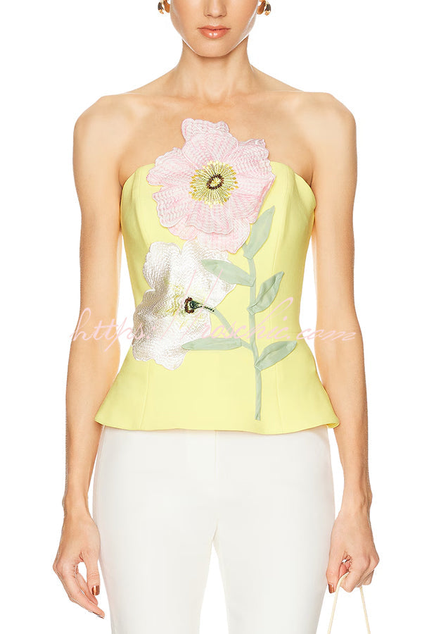 Create Beauty Flower Appliques Off Shoulder Tailored Waist Tank Top
