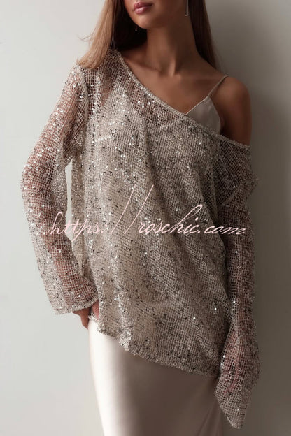 Fashionable Sequined Cutout Casual Long-sleeved Loose Cover-up Top