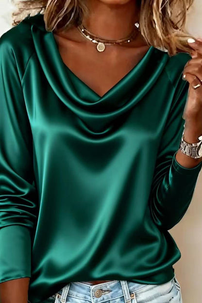 Solid Color Satin Casual Long-sleeved Draped Shirt