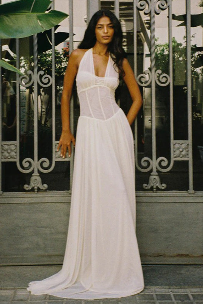 Vestido maxi de malla con cuello de pico, brida sólida y cintura deshuesada