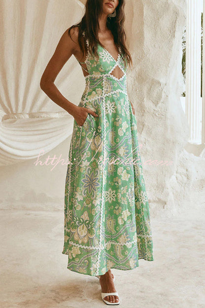 Linen Blend Unique Print V-neck Sleeveless Cutout Waist-cinching Maxi Dress
