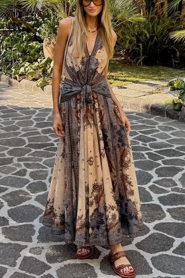 Chapel Linen Blend Floral Print Cutout Tie-up Waist Pocket Halter Backless Maxi Dress