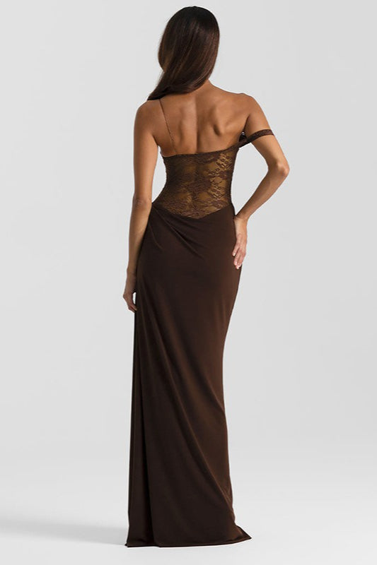 Vestido Formal Ajustado con Paneles de Encaje Sólido